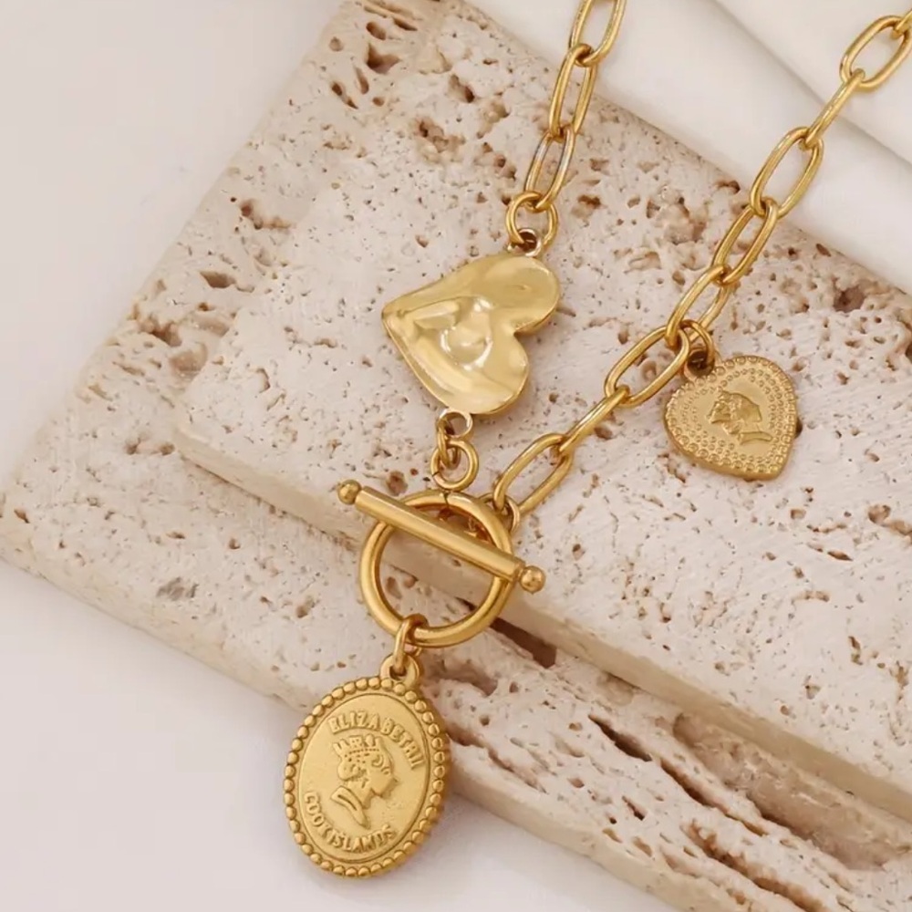 Stainless Steel Vintage Coin & Heart Charm - Golden-Tone 3-Pendant Layered Chain